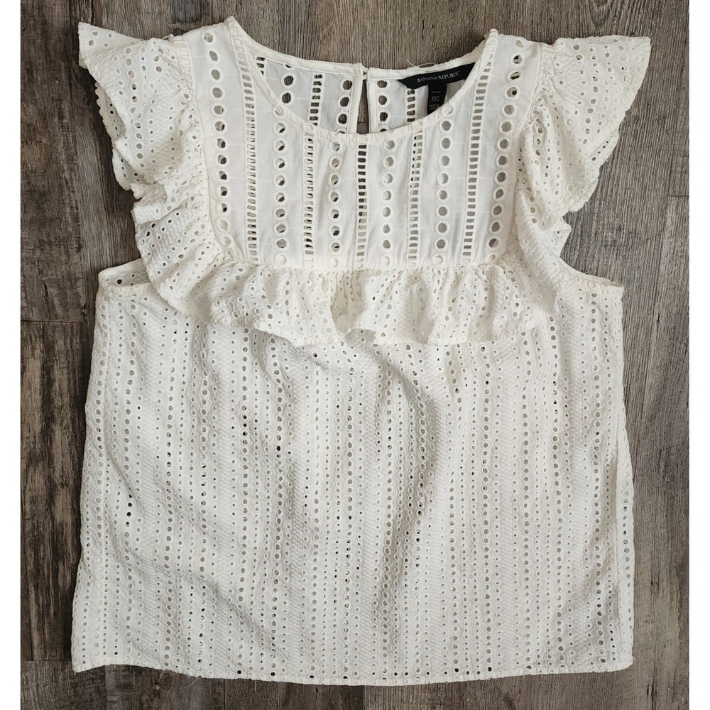 Banana Republic Eyelet Blouse Womens XXS White Ruffle Flutter Sleeve Cotton Top
